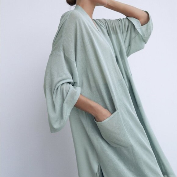 NWT Zara Grey Blue Duster Long Linen Blend Cardigan 2142/044/400 sz Large - Picture 2 of 14